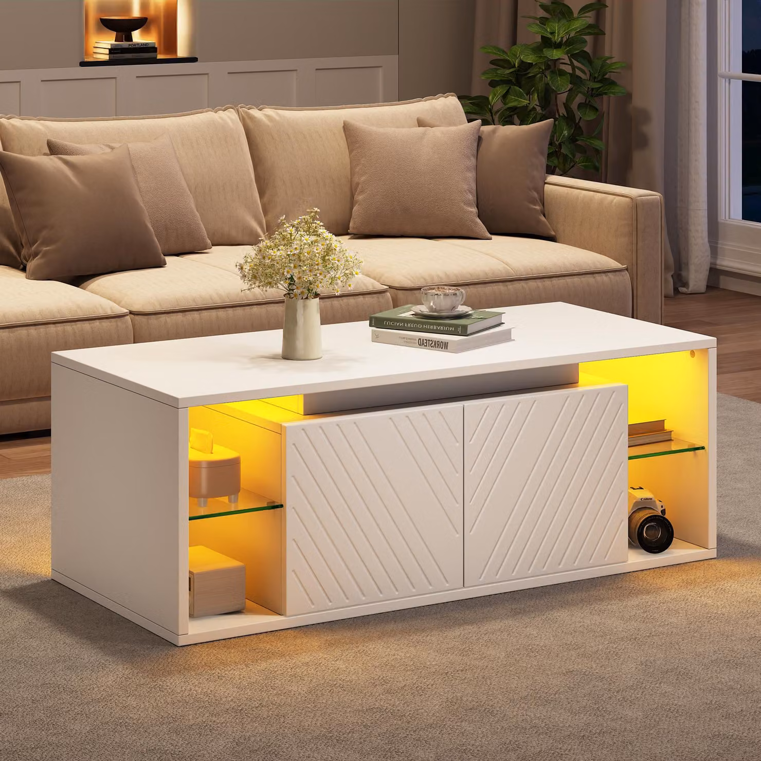 Tavolino da divano Merax con illuminazione LED, tavolino per il soggiorno con 2 ante e ripiano aperto, tavolino laterale/tavolino da caffè in pannello di particelle, bianco