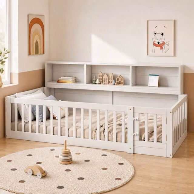 Daybed 90x200 cm con ripiani laterali e sponde di sicurezza; in pino e MDF bianco