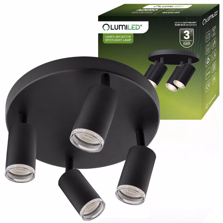 Plafoniera LUMILED plafoniera orientabile 4 luci spot a soffitto, orientabile, colore nero opaco, 4x attacco E27 IP20 230V, downlight rotondo