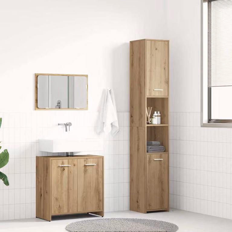 Set di mobili da bagno vidaXL 3 pezzi in legno rovere marrone con mobile lavabo, armadietto con specchio e colonna alta