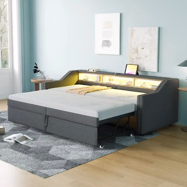 Divano letto imbottito estraibile 90/180x200 cm con vani, luce LED e presa USB, in lino, grigio scuro