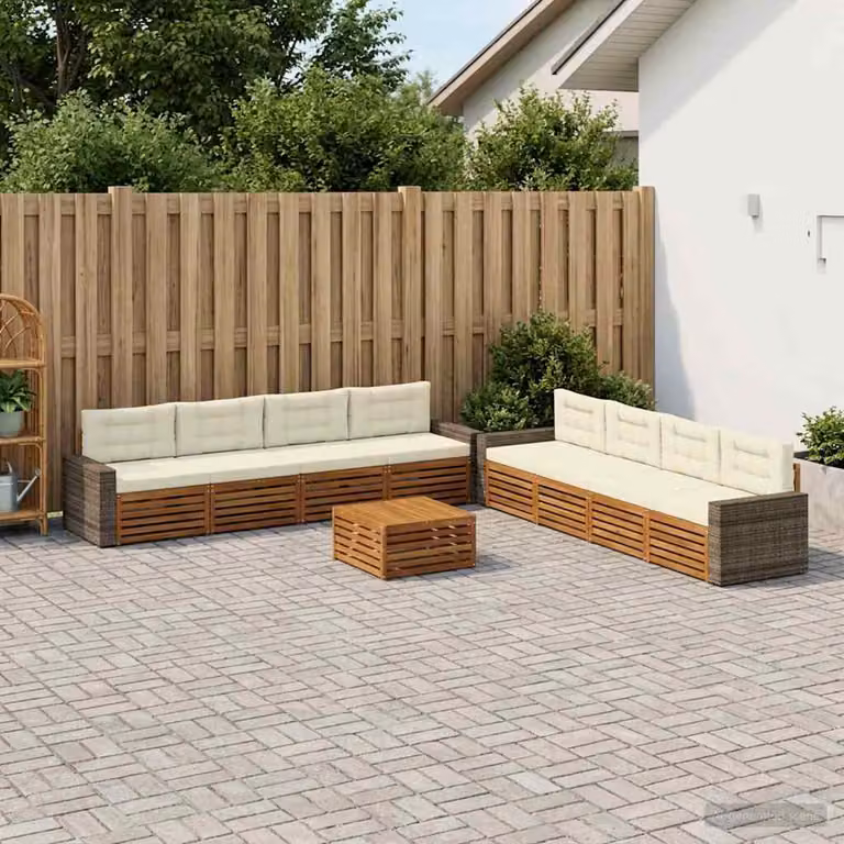 Set di divani da esterno vidaXL a forma di U composto da 9 pezzi con tavolino da caffè, in legno di acacia e tessuto beige e bianco