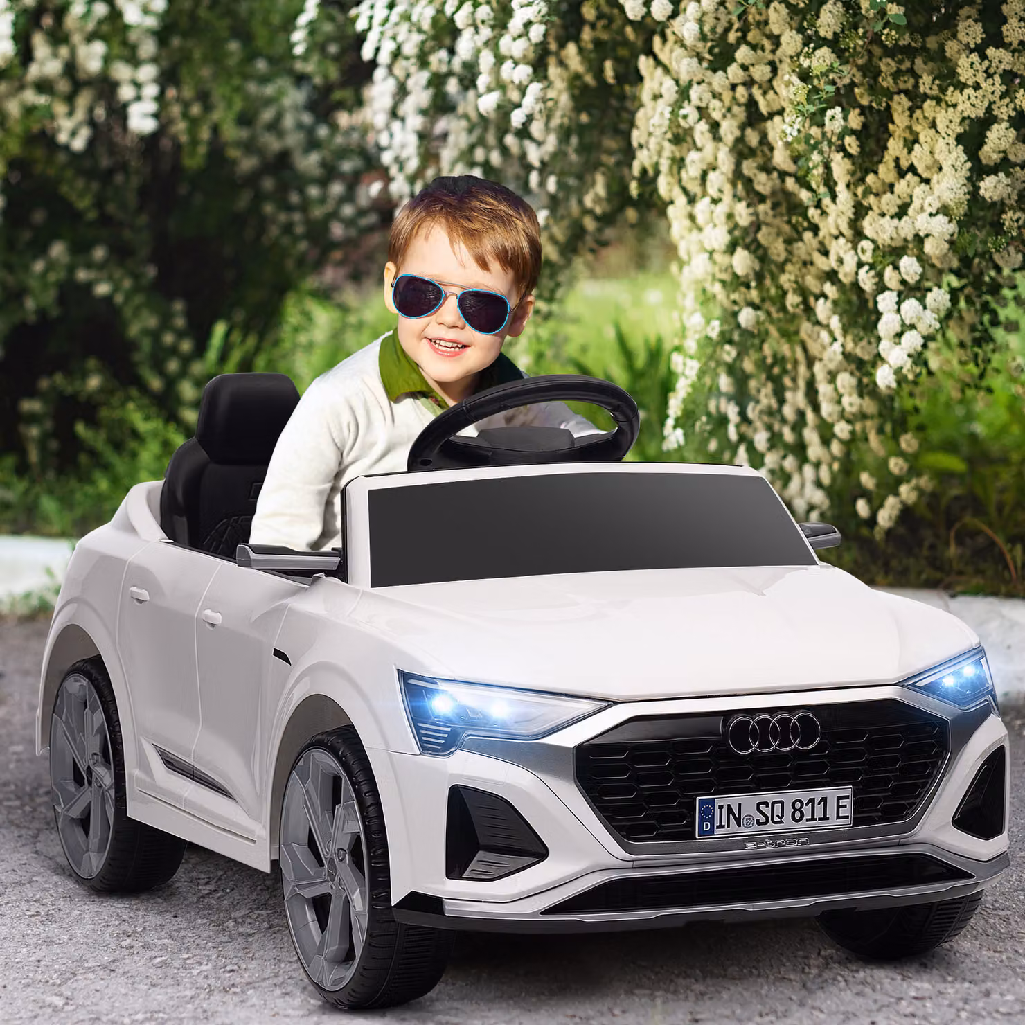 Auto elettrica Audi Q8 per bambini AIYAPLAY, 12V, con telecomando, fari e musica, Bianco – 2