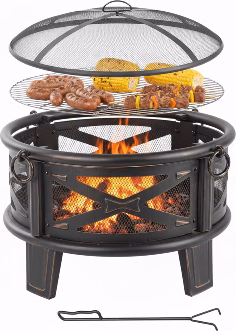 Braciere Relaxdays, Ø 66 cm, con griglia, parascintille e attizzatoio, braciere da giardino, nero/bronzo
