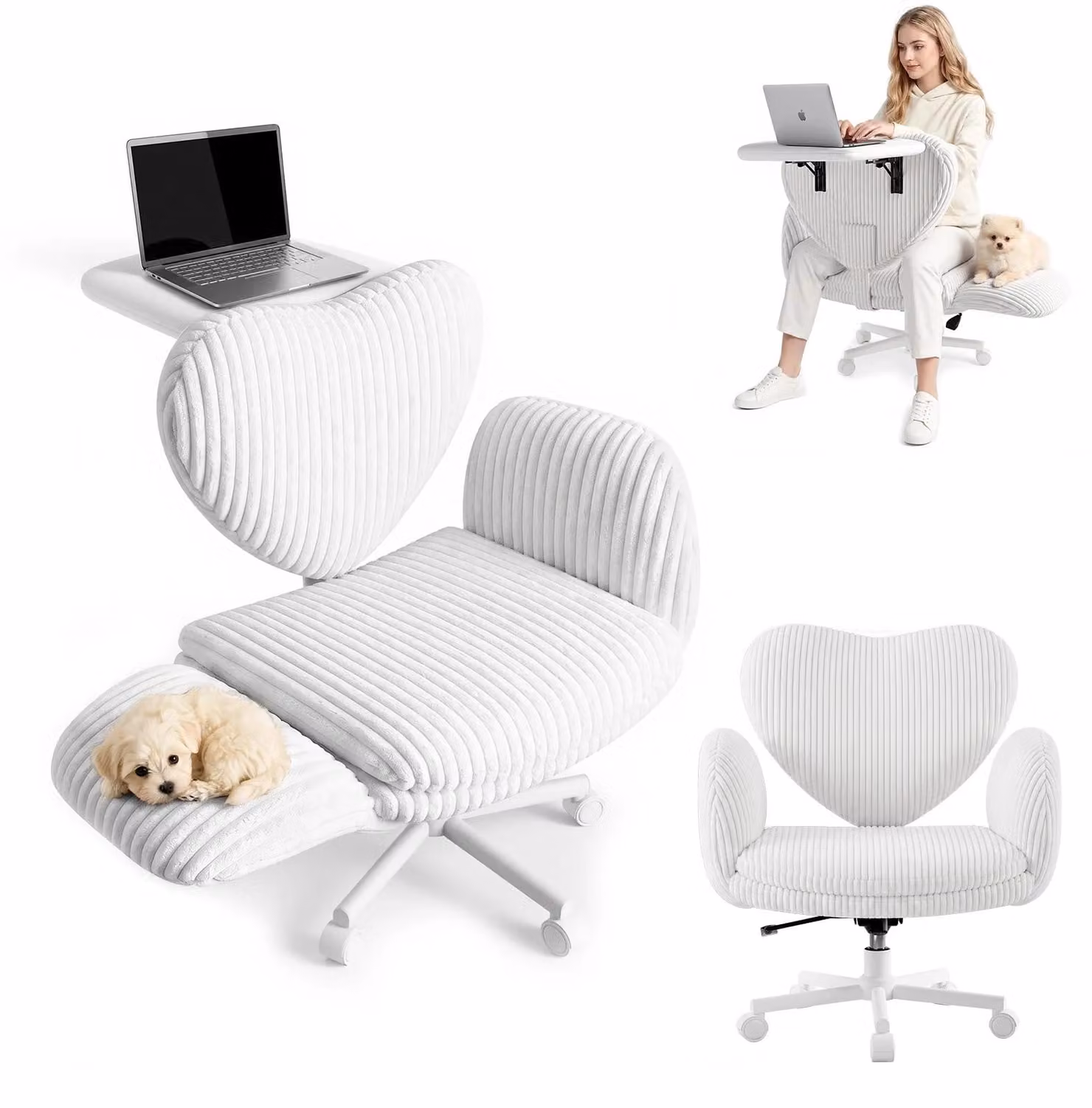 Sedia da ufficio ergonomica - Sedia da ufficio con piano scrivania pieghevole - Regolabile in altezza - Braccioli regolabili in 5 posizioni - Rotella - Rivestimento in tessuto corda bianco