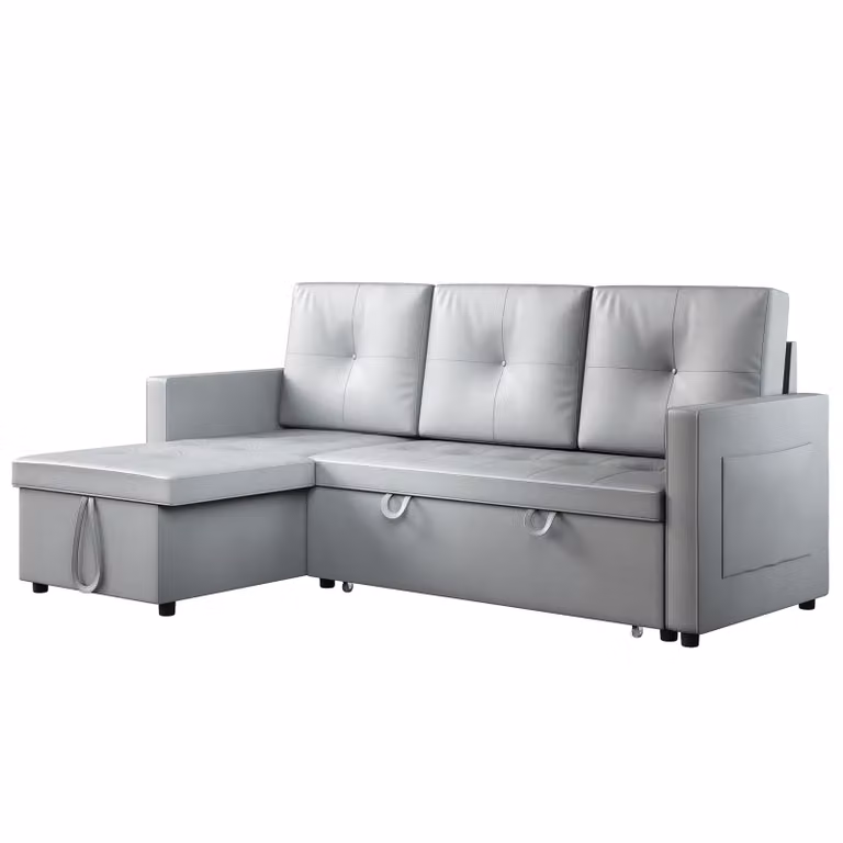 SONNI 203x130x88cm Divano angolare grigio chiaro a tre posti con funzione letto, divano e letto in uno, schiuma ignifuga, con vano contenitore nascosto