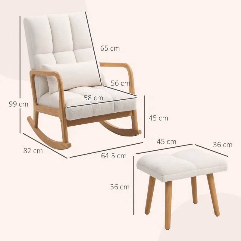 Sedia a dondolo relax con poggiapiedi WISHDOR, rivestimento in tessuto bianco e struttura in legno – 2
