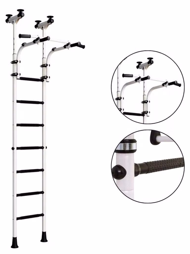 Spalliera da interno con montaggio a soffitto per adulti Struttura da arrampicata in metallo con accessori per adolescenti, bianca e nera