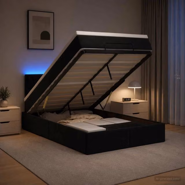 Letto Ottomano Moderno vidaXL in Velluto con Materasso Ibrido, Illuminazione LED Sotto il Letto e Porte USB di Ricarica, L/P/H: 120 x 200 x 88 cm, Nero e Bianco – 1