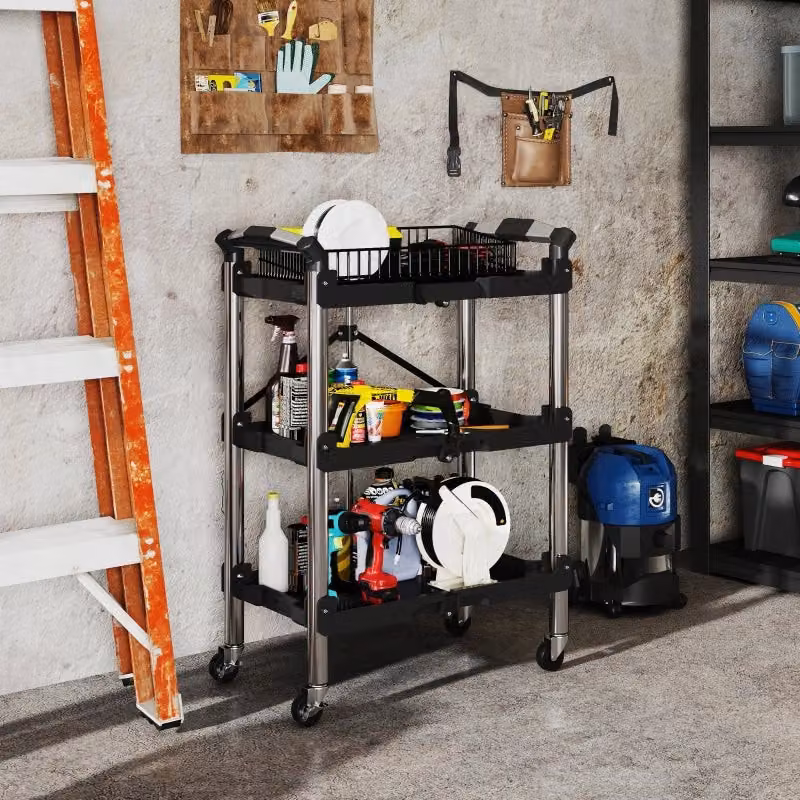 Carrello da officina pieghevole con 3 ripiani e maniglia, nero, in acciaio e plastica con ruote – 2