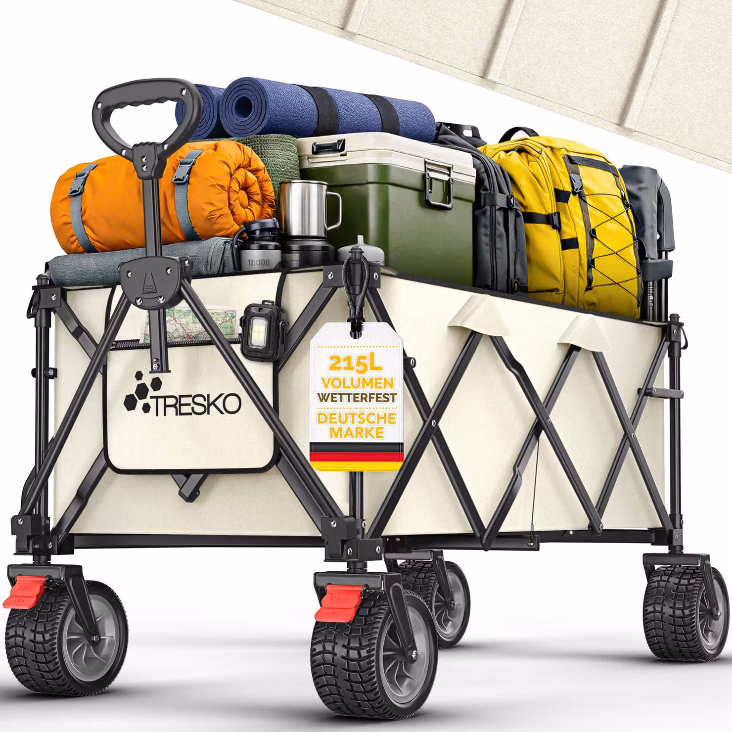 Carrello pieghevole TRESKO® da 215 litri con freno | Carrello pieghevole da 150 kg con ruote in gomma piena | Carrello da spiaggia pieghevole con ruote fuoristrada extra larghe | Carrello da trasporto con borsa per il trasporto