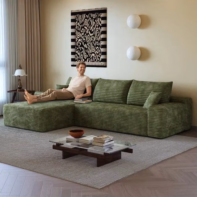 Divano angolare modulare 270x175x83 cm a L - schiuma senza montaggio con seduta profonda e chaise longue - velluto a coste - verde