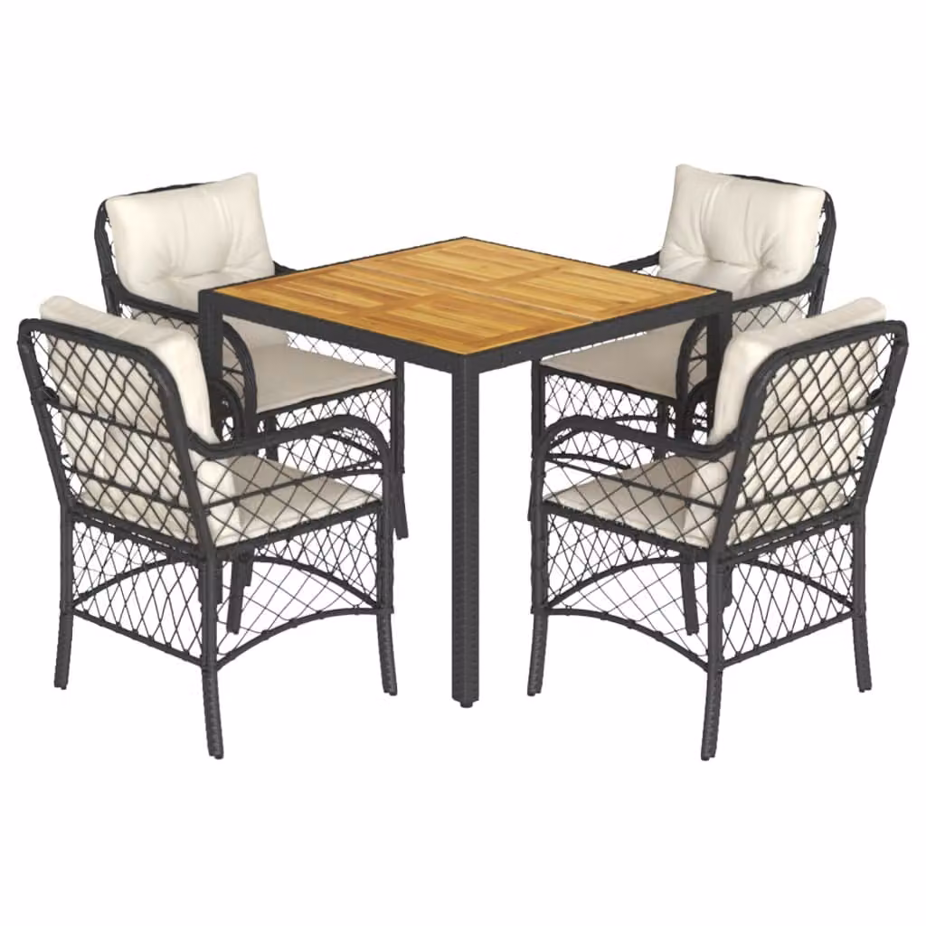 Set da Pranzo da Giardino 5 pz Nero con Cuscini in Polyrattan