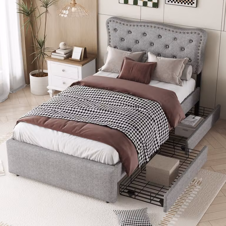 Letto imbottito Okwish 90 x 200 cm con 2 cassetti, testata ondulata con chiodi, grigio