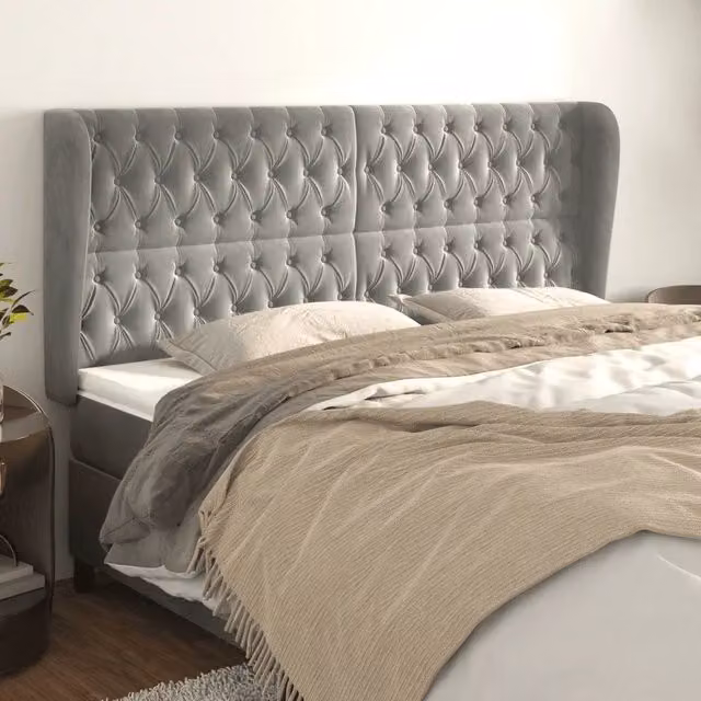 Testiera con Orecchie Design Mania in Velluto Grigio Chiaro L: 183 cm, P: 23 cm, H: 118/128 cm