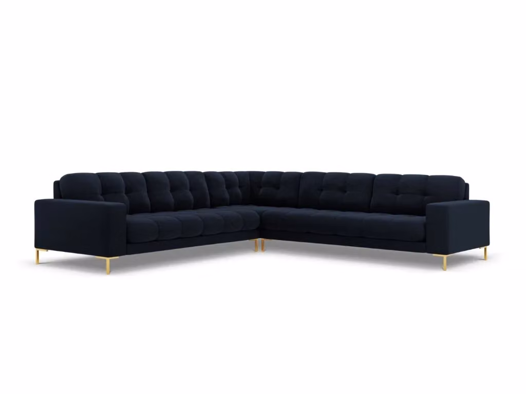 Divano angolare reversibile Bali Cosmopolitan Design in velluto blu con dettagli oro, 6 posti, L 256 cm x P 93 cm x H 75 cm – 2