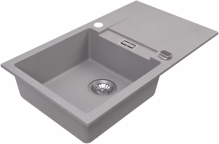 VBChome Lavello in granito 76 x 44 cm Grigio Lavello da incasso a vasca singola Reversibile Specchiato Lavello di facile manutenzione con sifone Ideale per piccole cucine