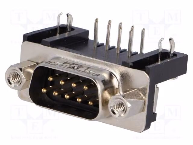 1 connettore D-Sub maschio a montaggio su circuito stampato (THT) con angolo di 90°, con 9 pin, 5A. Codice: L717SDE09P1ACH4F. Connettore D-Sub