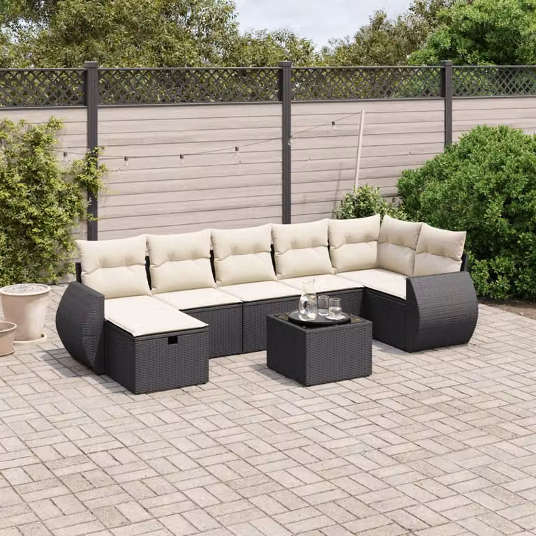 Set di divani da giardino vidaXL a forma di L con 8 pezzi, colore nero e bianco, in polyrattan con cuscini imbottiti e tavolino da esterno