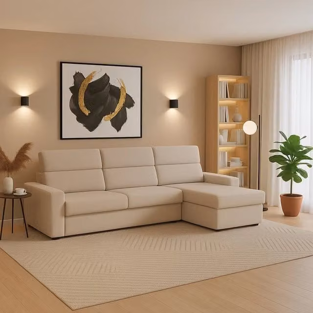 Divano con penisola reversibile Vigonovo DMORA Made in Italy, colore beige, L 280 cm x P 160 cm – 1