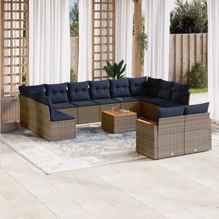 Set Divano da Giardino vidaXL a Forma a U con Tavolino e Cuscini, Polyrattan e Metallo, Grigio e Blu