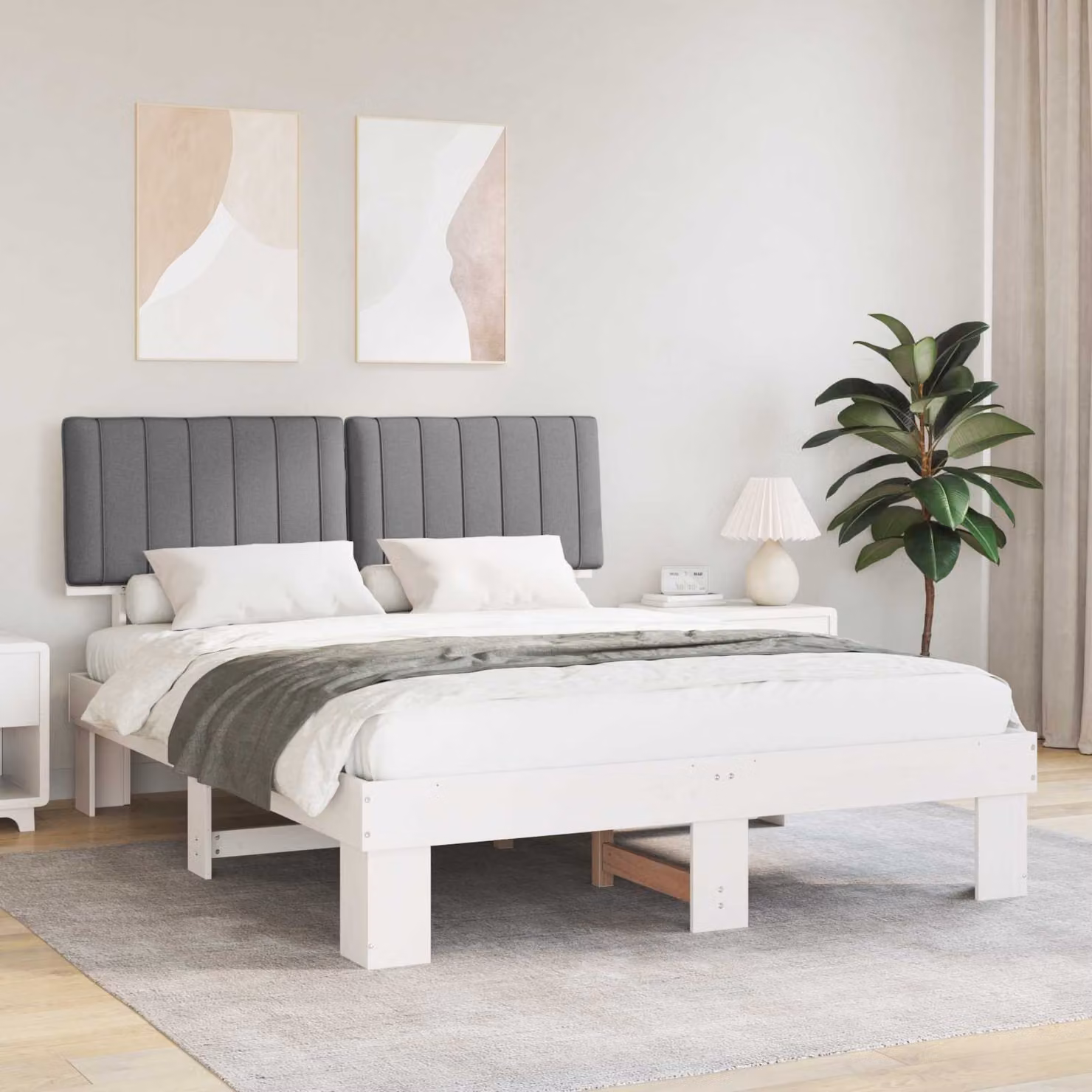 vidaXL Letto Moderno con Testiera Rivestita in Tessuto Grigio, Struttura in Legno di Pino, L/P/H: 150 x 200 x 106 cm – 1
