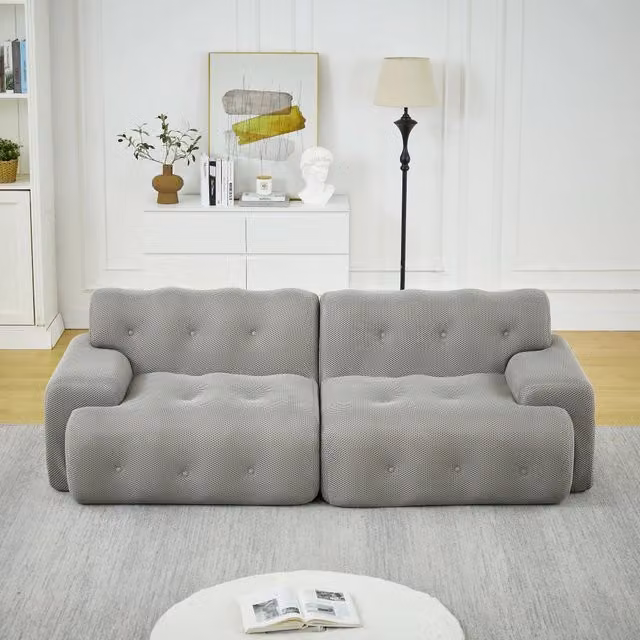 Divano a 2 posti con braccioli ampi, cuciture trapuntate, design moderno in tessuto grigio 224 × 104 × 66 cm