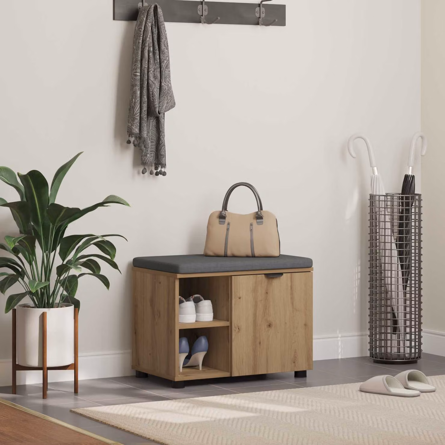Panca porta scarpe con cuscino vidaXL in legno rovere moderno, marrone e grigio, L: 60 cm, P: 38 cm, H: 46 cm
