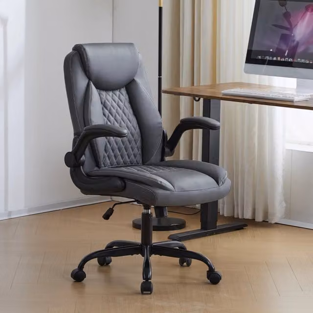 Sedia da ufficio ergonomica girevole a 360 gradi con braccioli e ruote in ecopelle grigia – 1