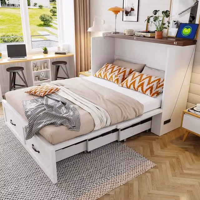 Letto pieghevole 140 x 200 cm, struttura letto estraibile con contenitore, presa standard europeo, telaio in metallo, ruote silenziose, Bianco