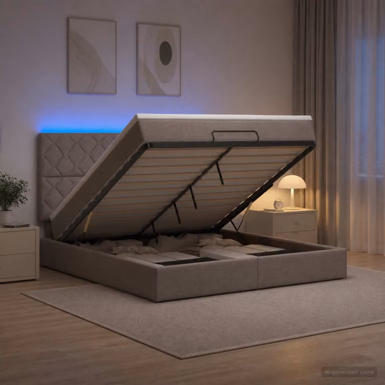 vidaXL Letto Ottomano con Materasso e Illuminazione LED in Tessuto, Colore Tortora, L/P/H: 140 x 190 x 88 cm