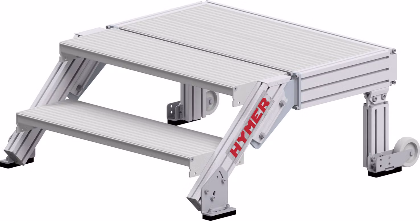 Piattaforma per scale Hymer con ampia superficie e 2 rotelle, larghezza gradino 0,8 m, 2 gradini