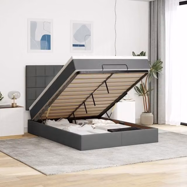 Letto con contenitore a sollevamento vidaXL in tessuto grigio e bianco con materasso, illuminazione sottostante e porta USB, L/P/H: 203 x 144 x 128 cm