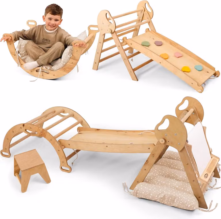 Struttura da arrampicata 5 in 1 da interno in legno con scivolo – Triangolo da arrampicata Montessori per bambini a partire da 1 anno, parco giochi da interno, set da arrampicata per neonati e set artistico