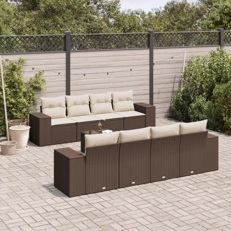 Set di divani da giardino vidaXL in polyrattan marrone con cuscini, tavolino e poltrone per esterno