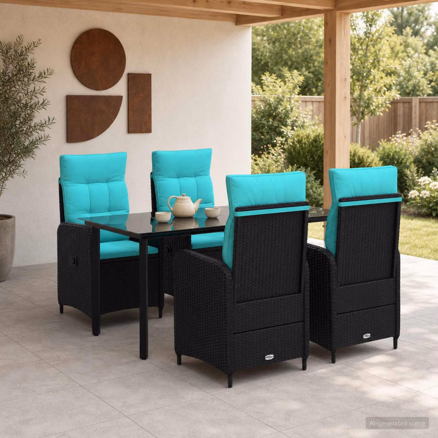 Set da pranzo per giardino e terrazzo vidaXL in polyrattan da 5 pezzi, colore nero e turchese