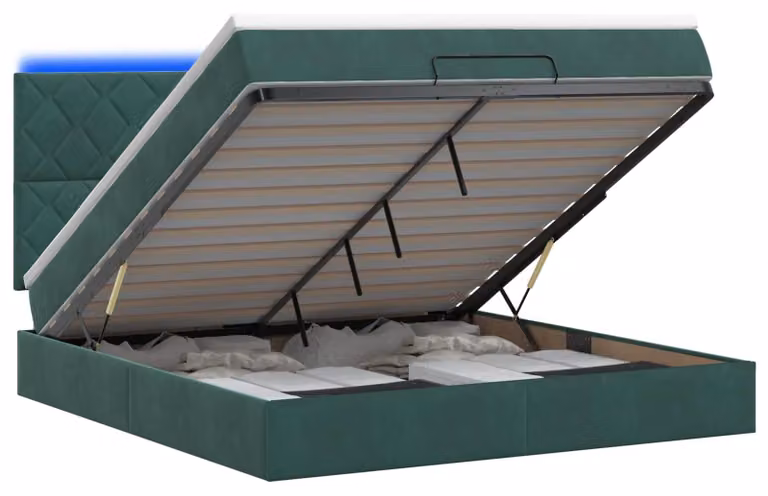 Panca-letto con materasso e illuminazione LED, verde scuro, 160 x 200 cm, rivestita in velluto