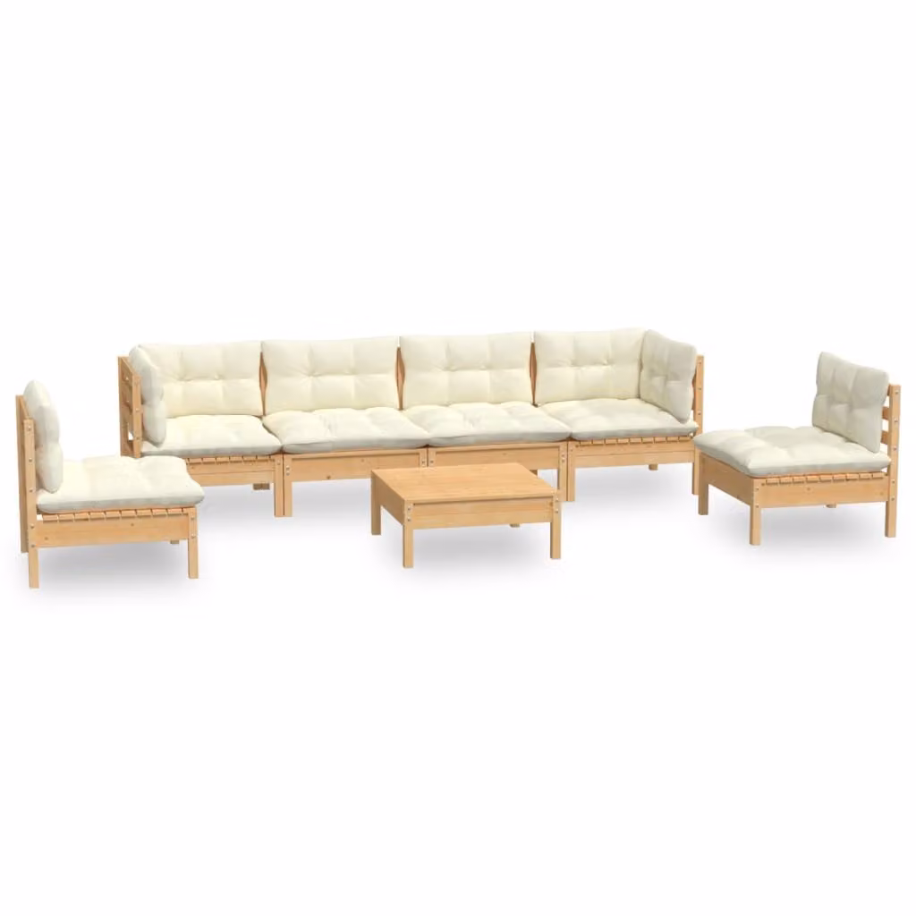 Set Divani da Giardino 7 pz con Cuscini Crema in Massello di Pino