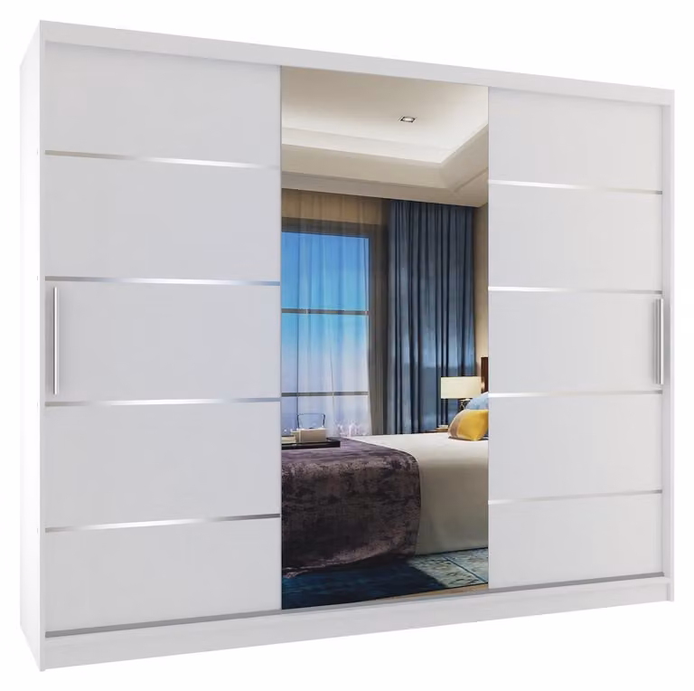 BELINI Verona, armadio scorrevole bianco opaco, 232 cm - armadio con specchio e 4 cassetti, ideale per la camera da letto
