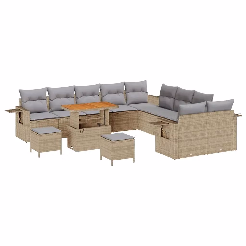 vidaXL Set Divano da Giardino a Forma di U con 13 Pezzi, Polyrattan e Legno di Acacia, Beige e Grigio – 2