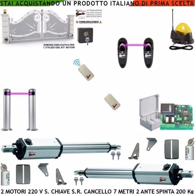 Apricancello da 7 Metri 2 Ante da 3,5 Metri Kit Automatismo 2 Motori Elettromeccanici 230 V Stelo Retrattile Sblocco Corsa 600 mm 250 Kg Centrale 2 Radiocomandi 2 Paline Fotocellule Faro Selettore