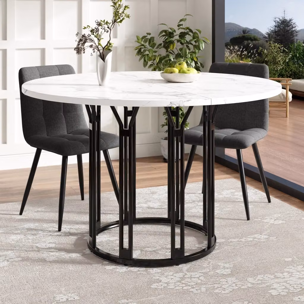 Tavolo da pranzo rotondo OKWISH in MDF e metallo con effetto marmo astratto lucido, L/P/H: 100 x 100 x 74 cm – 2