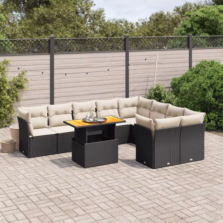 vidaXL Set Divano da Giardino a L con Tavolino e Cuscini, Struttura in Legno di Acacia e Metallo, Colore Nero e Bianco