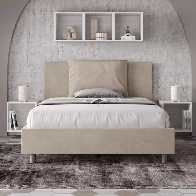 Letto queen size Antea Ityhome con rete imbottita in microfibra colore sabbia L 150 cm x P 200 cm