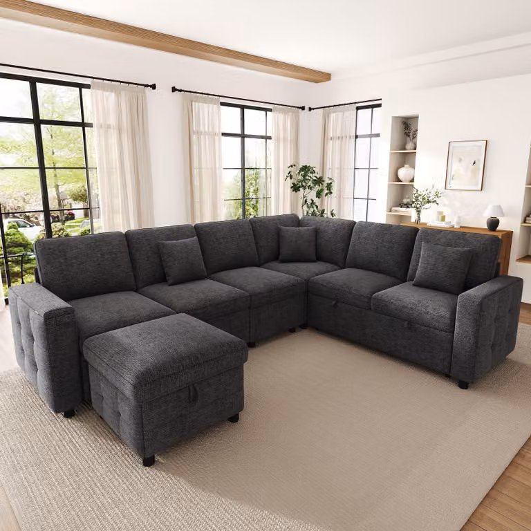 Divano ad angolo Merax a 7 posti a forma di L con funzione letto, salotto componibile, divano letto con vano portaoggetti, USB e Type-C, LED, tavolino, pouf, divano XXL, grigio