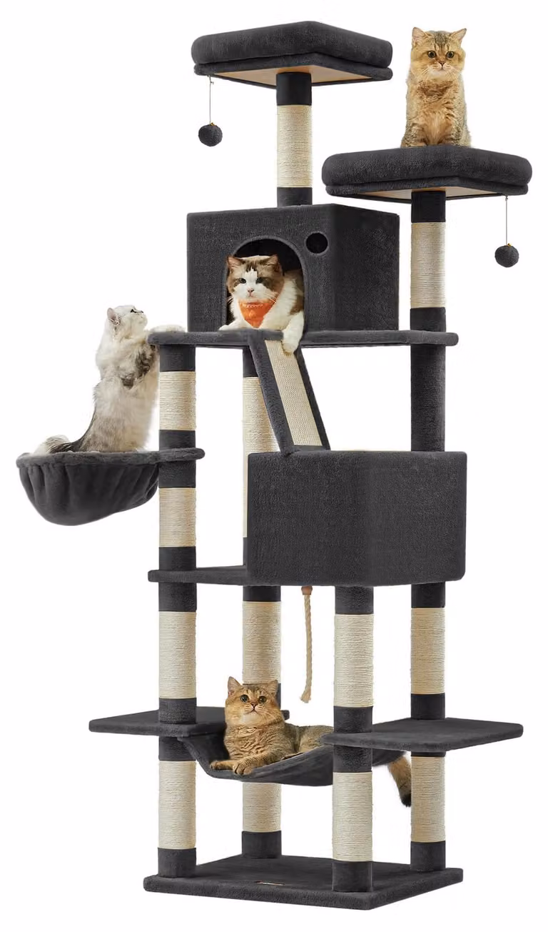 Feandrea, tiragraffi per gatti grande, altezza 203,5 cm, tiragraffi XXL, con 13 pali per graffiare, 2 piattaforme, 2 tane, cesto, amaca, palline in peluche, tiragraffi per gatti multistrato, colore nero inchiostro, modello PCT190B01
