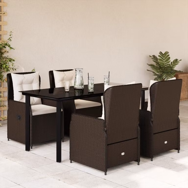 Set da Pranzo da Giardino vidaXL in Polyrattan Marrone con Cuscini e Tavolo in Vetro