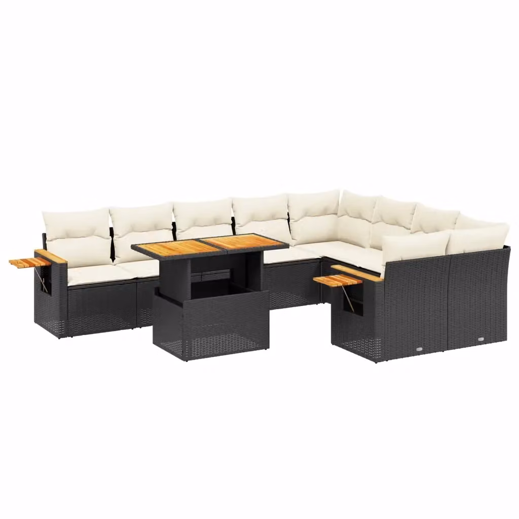 vidaXL Set Divani da Giardino a Forma di U in Polyrattan Nero con Cuscini e Tavolino da Esterno – 2