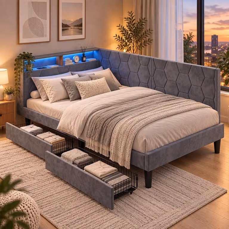 Letto imbottito a giorno 90x200 con LED, divano letto imbottito trasformabile in letto singolo con 2 cassetti e spazio contenitivo, letto a giorno per ragazzi con USB, letto per ospiti, grigio