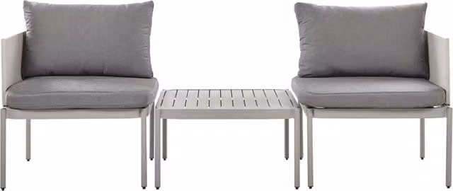 Set da giardino Beliani composto da divano 2 posti e tavolino da caffè in alluminio verniciato a polvere, colore grigio e bianco con cuscini inclusi